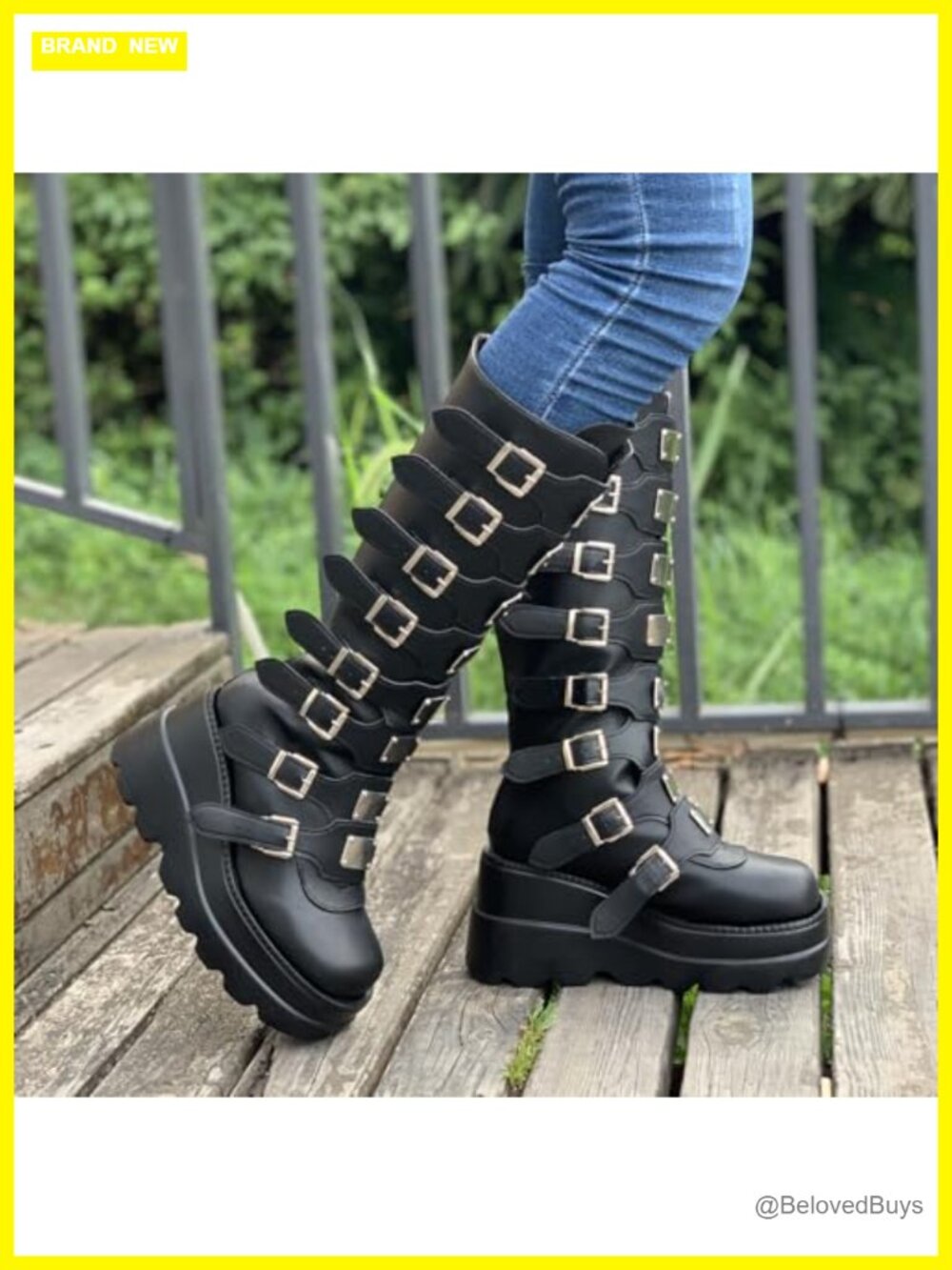 Platform Knee High Boots Chunky Heel Wedge Combat Goth Punk Motorcycle Zip - Picture 3 of 7